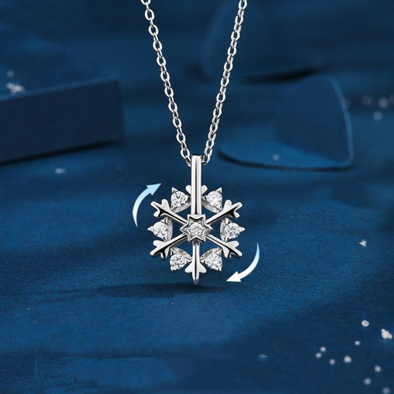Collar de copo de nieve giratorio de plata 925 para mujer, diseño de nicho de lujo, joyería de diamantes de imitación brillantes, regalo de cumpleaños de otoño e invierno para amigos