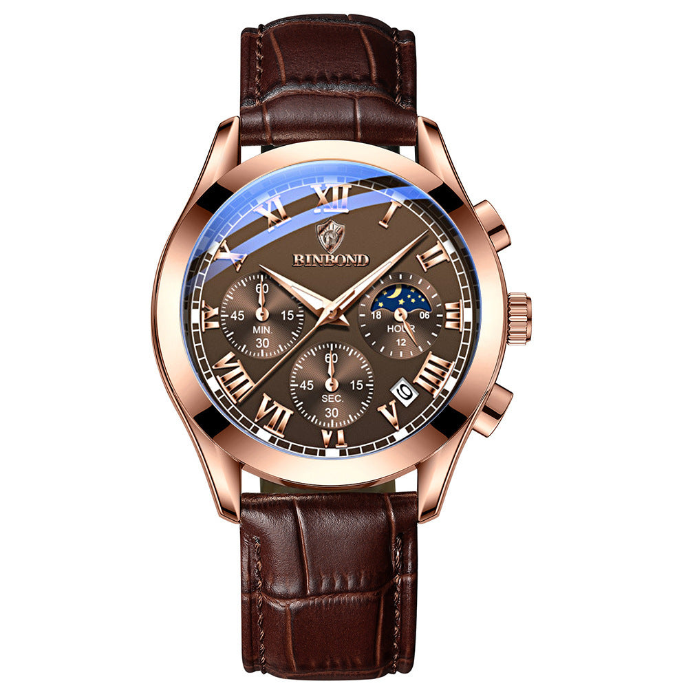 Reloj deportivo multifuncional con tres ojos y seis agujas, resistente al agua y luminoso para hombre