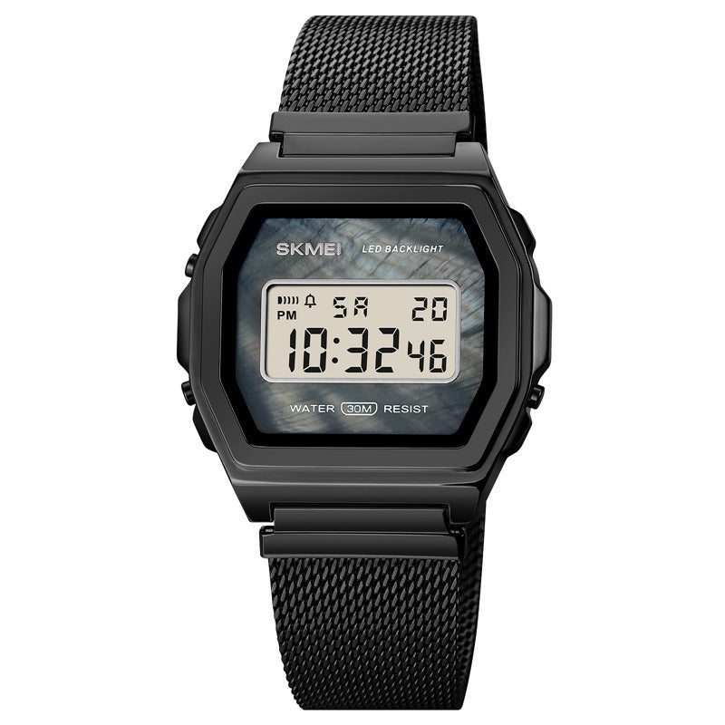 Reloj electrónico de acero inoxidable resistente al agua con personalidad y tendencia multifunción a la moda para estudiantes