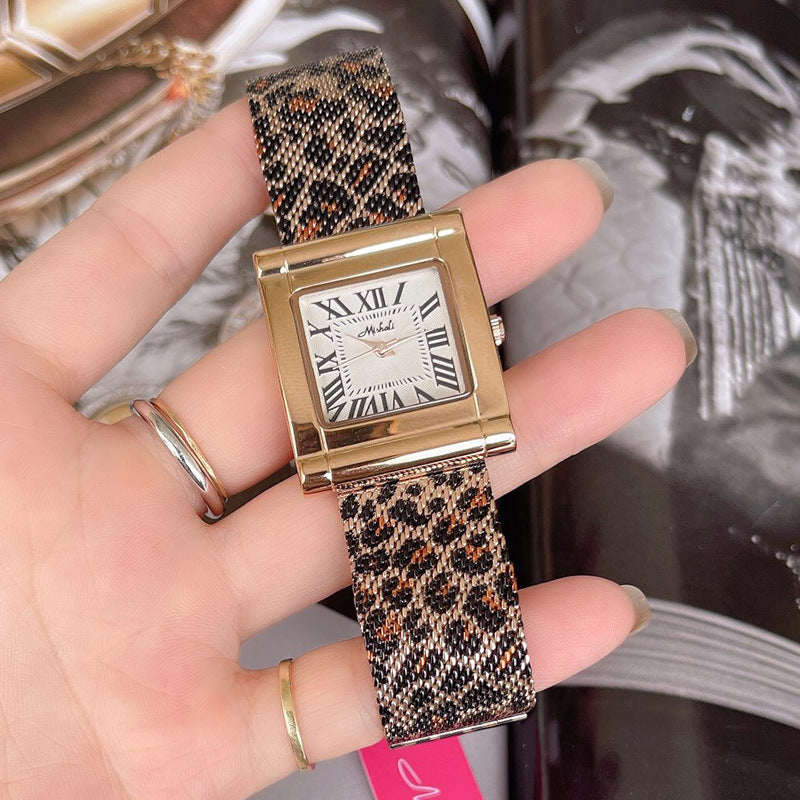 Reloj cuadrado de malla con estampado de leopardo y cinturón de acero de moda para mujer