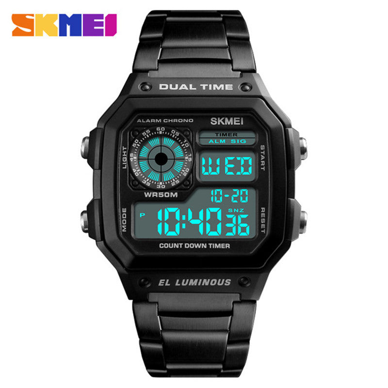 SKMEI Men's  Business Square Dial Digital Watch [Dual Time] [EL Luminous] - Black