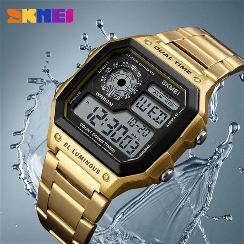 SKMEI Men's  Business Square Dial Digital Watch [Dual Time] [EL Luminous] - Black