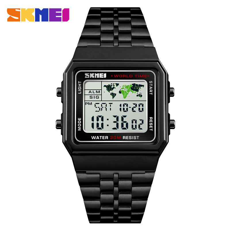 SKMEI Men's [5 Time] Watch Rectangle Dial [EL Luminous] Digital Watch - Black