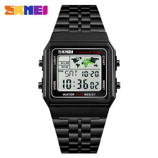 SKMEI Men's [5 Time] Watch Rectangle Dial [EL Luminous] Digital Watch - Black