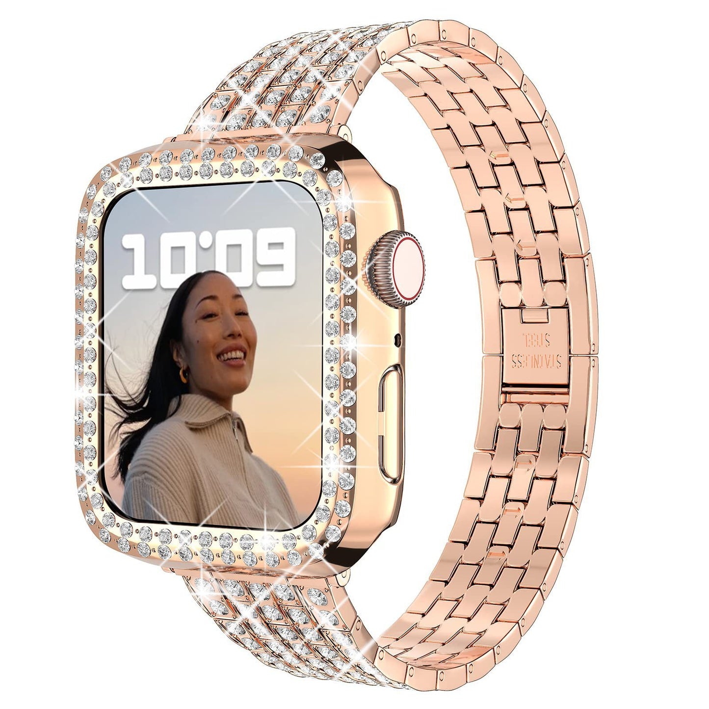 Correa de reloj de metal con incrustaciones de diamantes y cinco cuentas