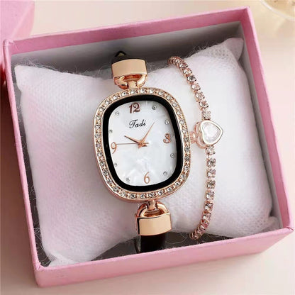 Conjunto de pulsera y reloj de cuarzo para mujer con diamantes de imitación y cinturón de moda