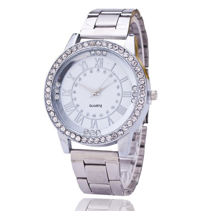 Reloj casual con correa de acero de alta gama para mujer y hombre con placa de malla de diamante y personalidad a escala romana