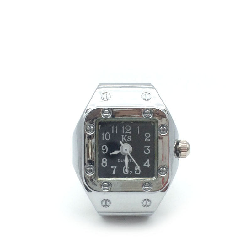 Mini Fashion Alloy Silver Shell Finger Watch Size Number Men And Women Couple Ring Watch