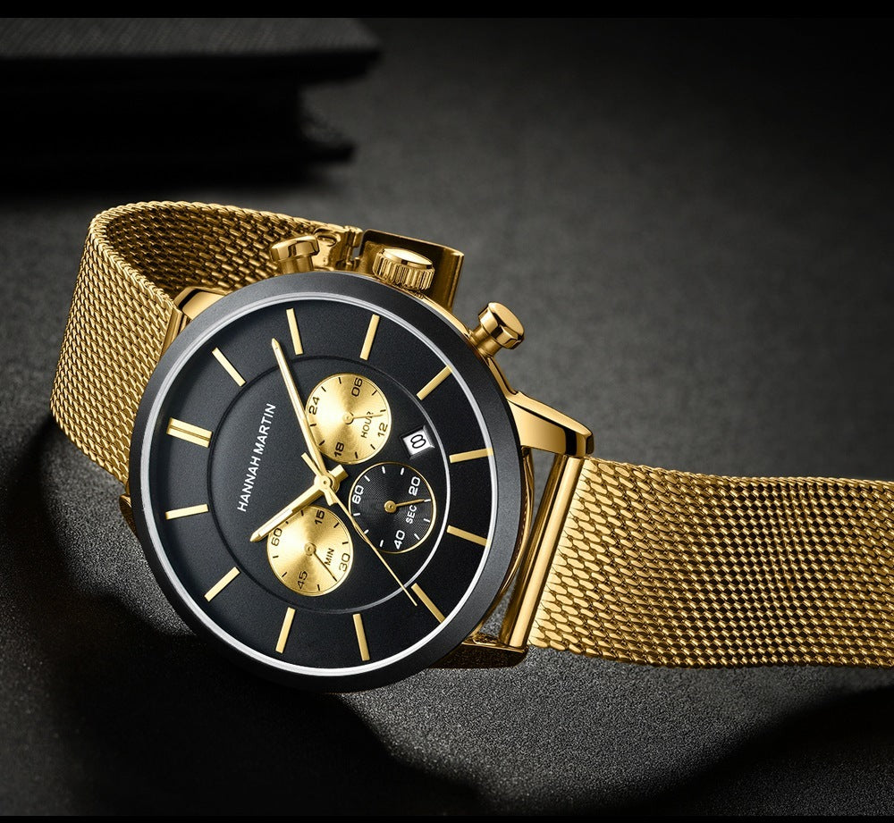 Men's Multi-functional Business Casual Calendar Quartz Watch Woven Steel Chain Gold Luminous Small Three-pin Watch