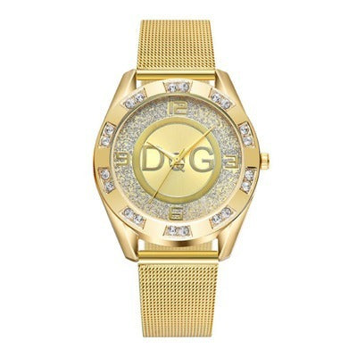 Reloj de cuarzo para mujer con correa de malla de alambre de acero y superficie de diamante de arena y anillo exterior de doble diamante