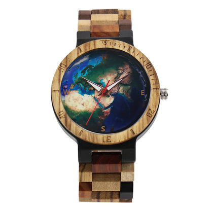 Round Dial Around The World Casual Men's Wooden Quartz Watch