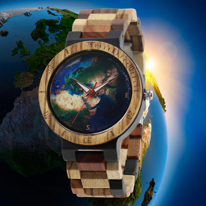 Round Dial Around The World Casual Men's Wooden Quartz Watch