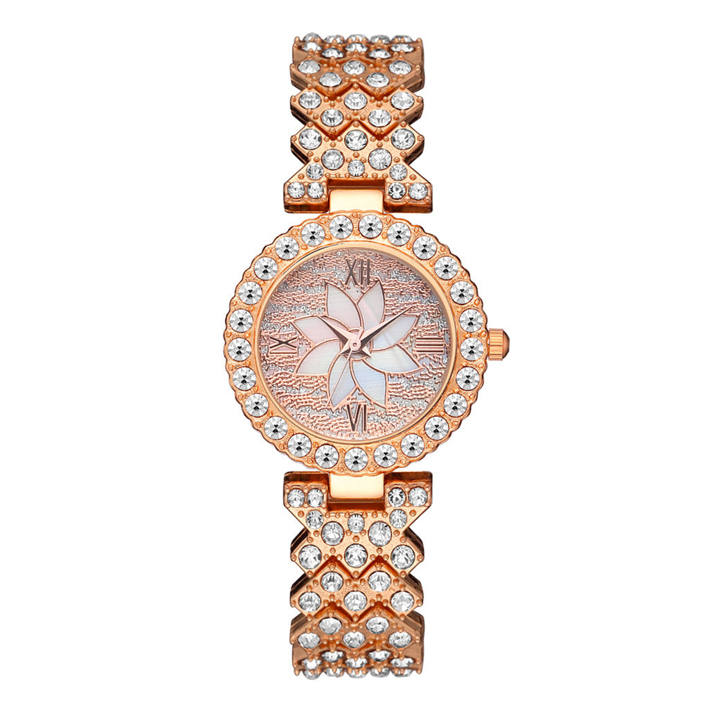 Reloj de pulsera con disco de flores y cielo estrellado con incrustaciones de diamantes para mujer