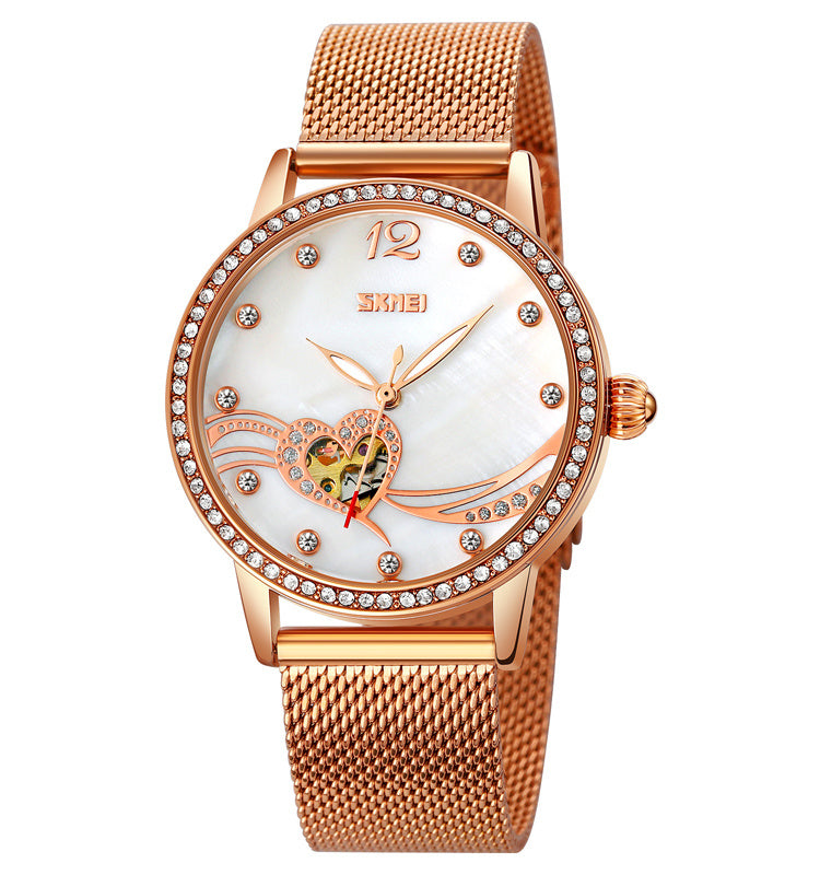 Reloj Luminoso De Oro Rosa Con Esfera De Nácar Y Diamantes