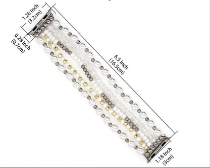 Correa de reloj blanca con cuentas de arroz perlado y cuentas hechas a mano