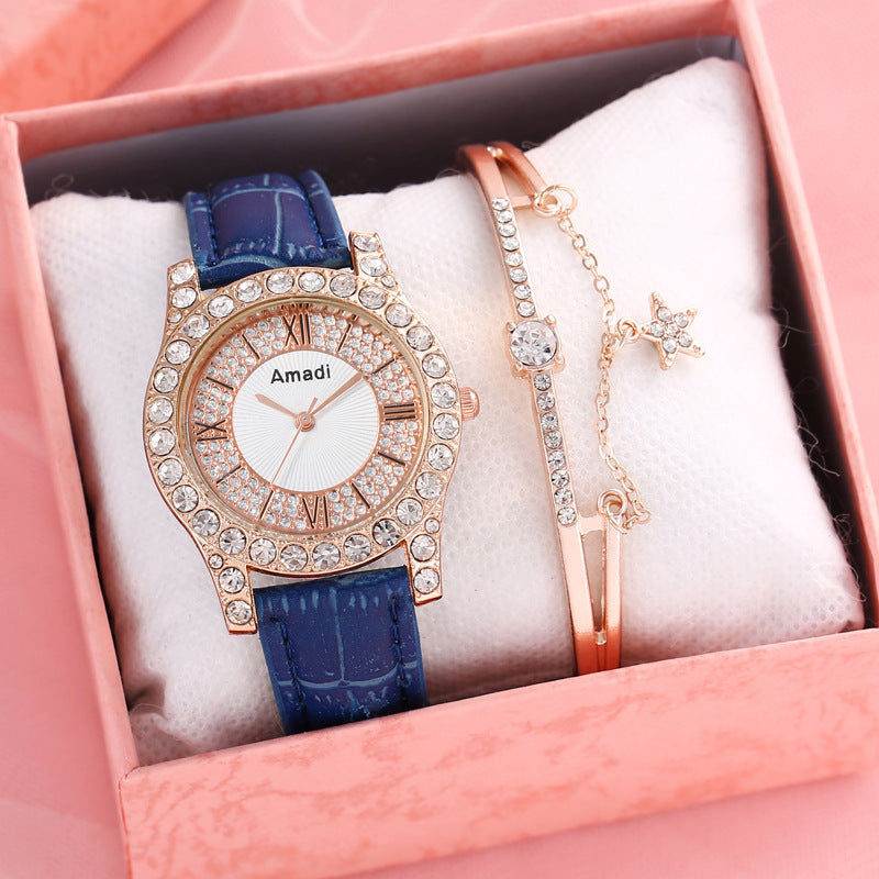 Reloj de cuarzo sencillo y a la moda con esfera romana y diamantes incrustados para mujer, caja de regalo