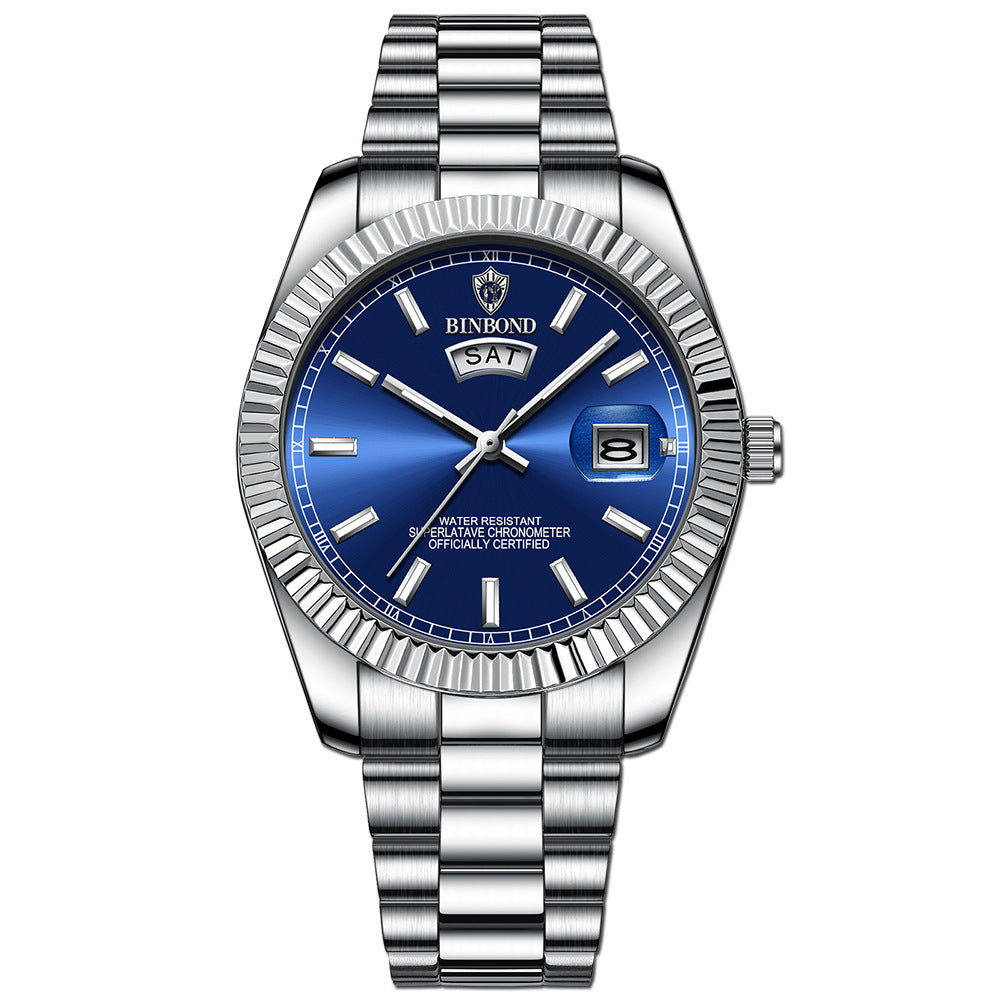 Reloj luminoso con calendario doble y correa de acero para hombre, resistente al agua y con doble calendario