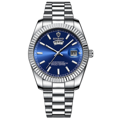 Reloj luminoso con calendario doble y correa de acero para hombre, resistente al agua y con doble calendario