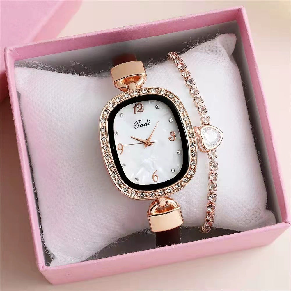 Conjunto de pulsera y reloj de cuarzo para mujer con diamantes de imitación y cinturón de moda