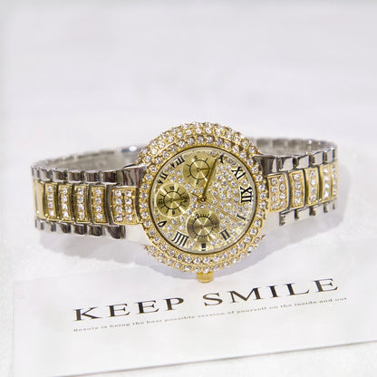 Women's three-eye full diamond watch