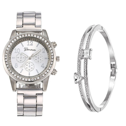 Reloj de cuarzo moderno y combinable con caja de regalo con cinturón de acero y diamantes para mujer