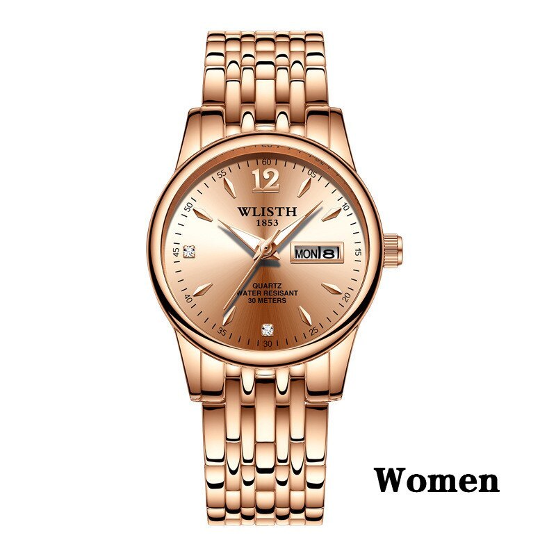 Reloj de vestir para mujer, acero inoxidable, oro rosa, marca WLISTH, reloj de pulsera de moda para mujer, reloj de cuarzo con fecha semanal, relojes de lujo para mujer