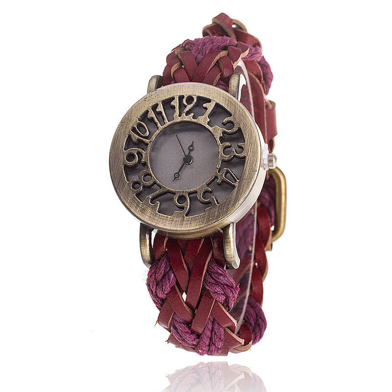 Reloj de pulsera con cabeza hueca retro de cuero tejido, reloj de mujer