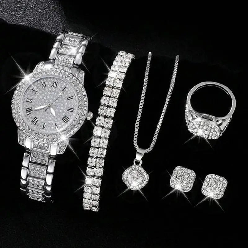 Conjunto de cinco piezas de reloj de cuarzo romano con diamantes de moda para mujer