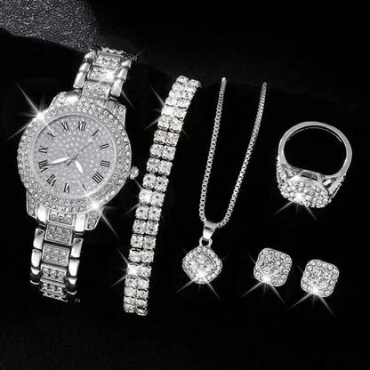 Conjunto de cinco piezas de reloj de cuarzo romano con diamantes de moda para mujer