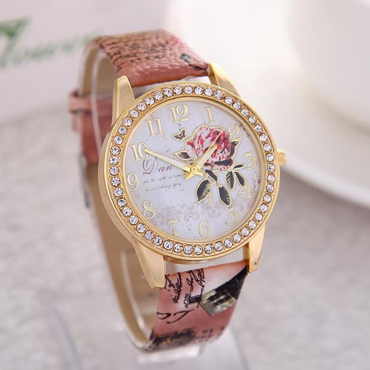 Reloj de cuarzo para mujer con estampado de flores de estilo chino