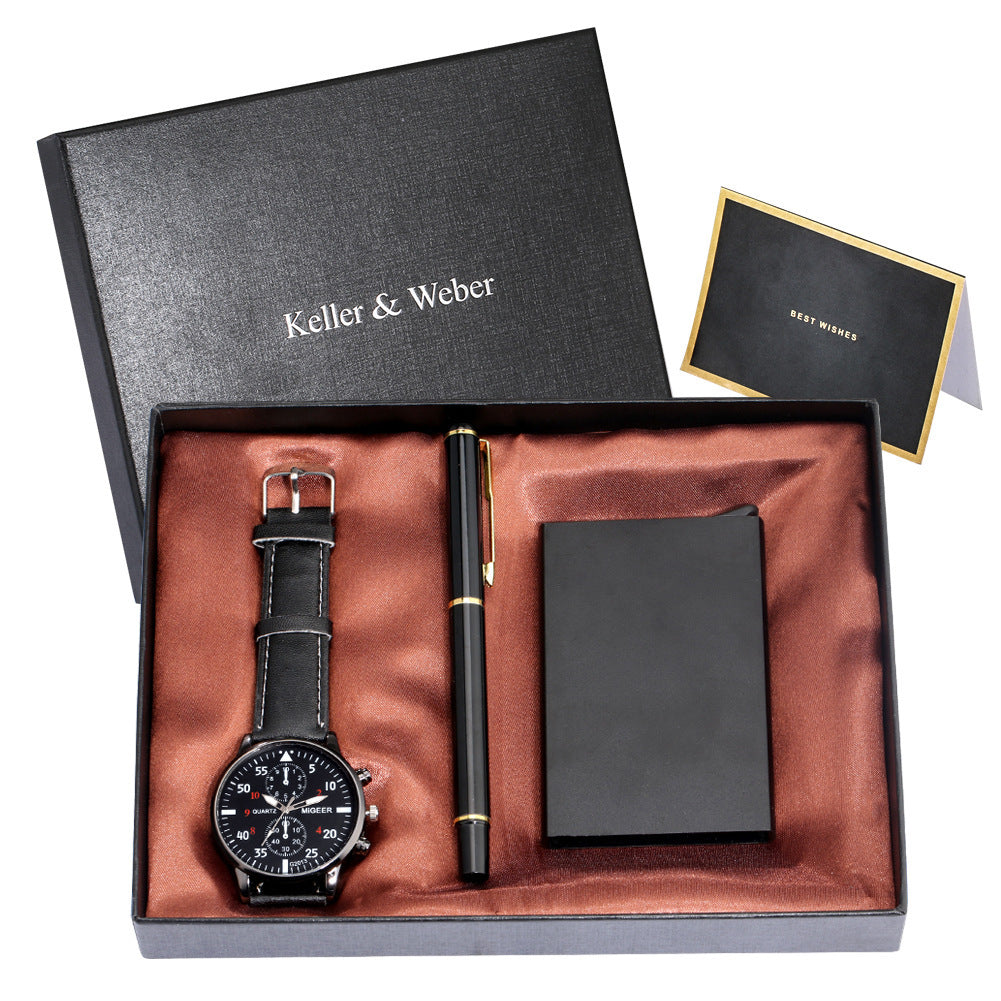 Estuche para tarjetas de crédito, reloj de cuarzo y bolígrafo de gel para hombre, caja de regalo de moda