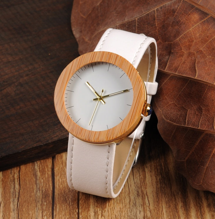 Wood table handmade hot bamboo wood leather belt quartz movement female watch