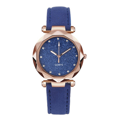 Reloj de pulsera informal para mujer, romántico, con diseño de cielo estrellado, de cuero y diamantes de imitación