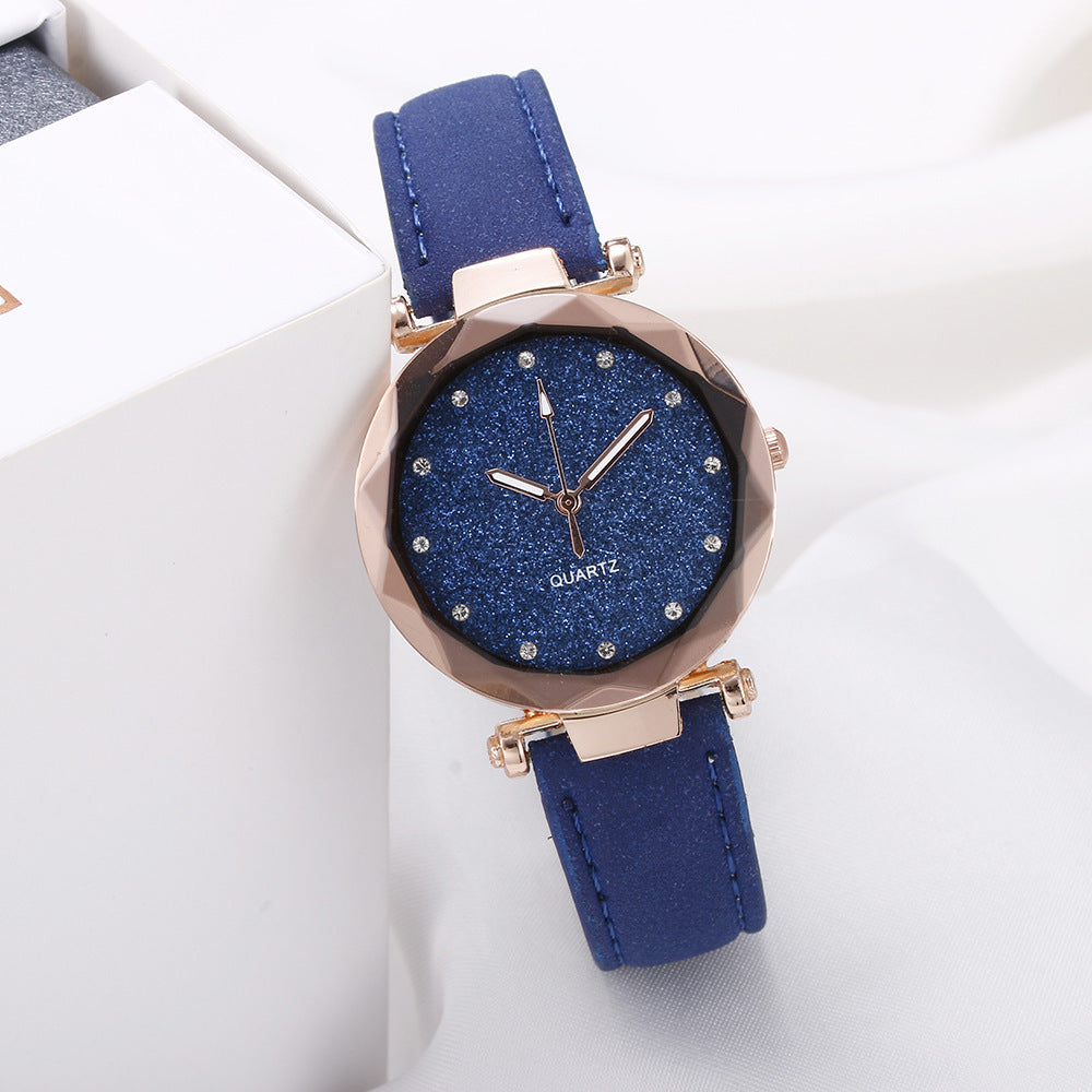 Reloj de pulsera informal para mujer, romántico, con diseño de cielo estrellado, de cuero y diamantes de imitación