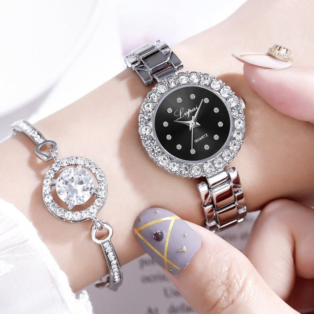 Relojes-Conjunto Brazalete Reloj Pulsera Reloj de Pulsera Cuarzo Mujer Moda Señoras Marca Lujo