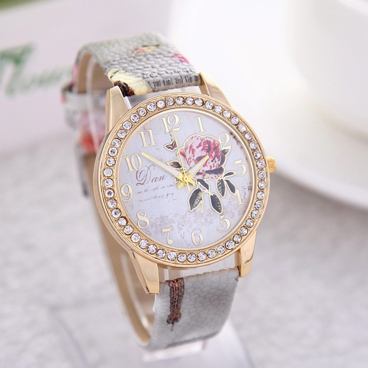 Reloj de cuarzo para mujer con estampado de flores de estilo chino