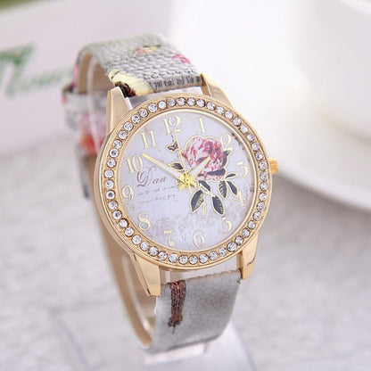 Reloj de cuarzo para mujer con estampado de flores de estilo chino