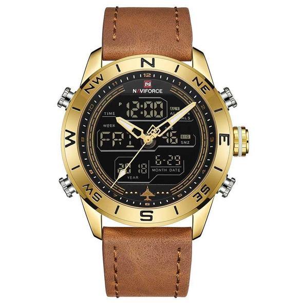 NAVIFORCE 9144 Reloj deportivo de moda dorado para hombre, reloj analógico digital LED para hombre, reloj de cuarzo de cuero militar del ejército, reloj masculino