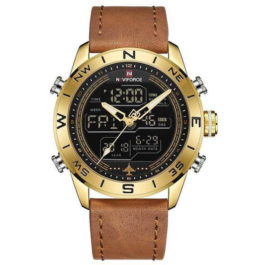 NAVIFORCE 9144 Reloj deportivo de moda dorado para hombre, reloj analógico digital LED para hombre, reloj de cuarzo de cuero militar del ejército, reloj masculino