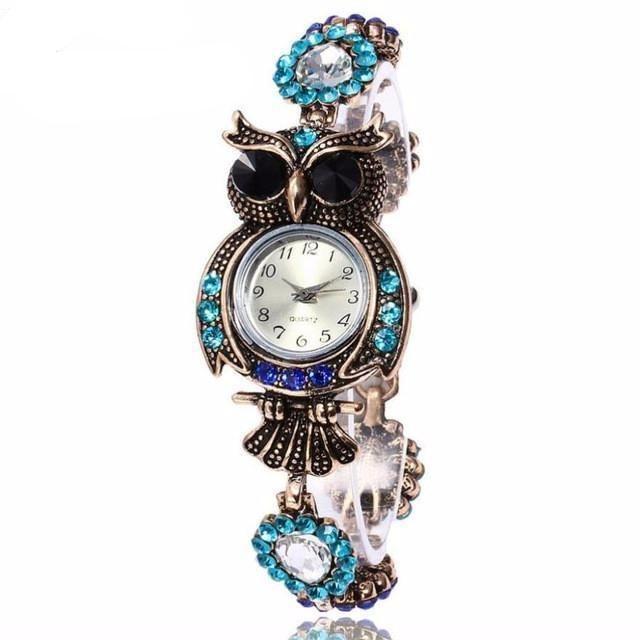 Elegante reloj de pulsera vintage de acero inoxidable con forma de búho y cuarzo para mujer