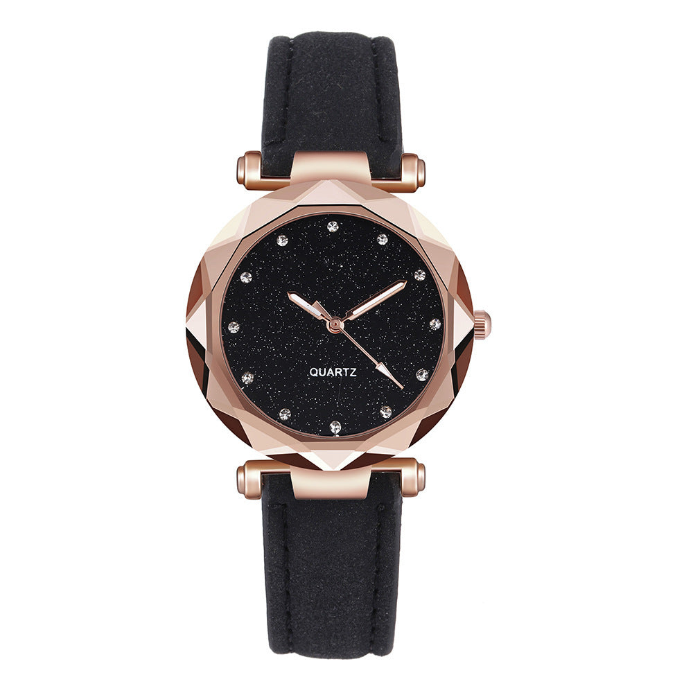 Reloj de pulsera informal para mujer, romántico, con diseño de cielo estrellado, de cuero y diamantes de imitación