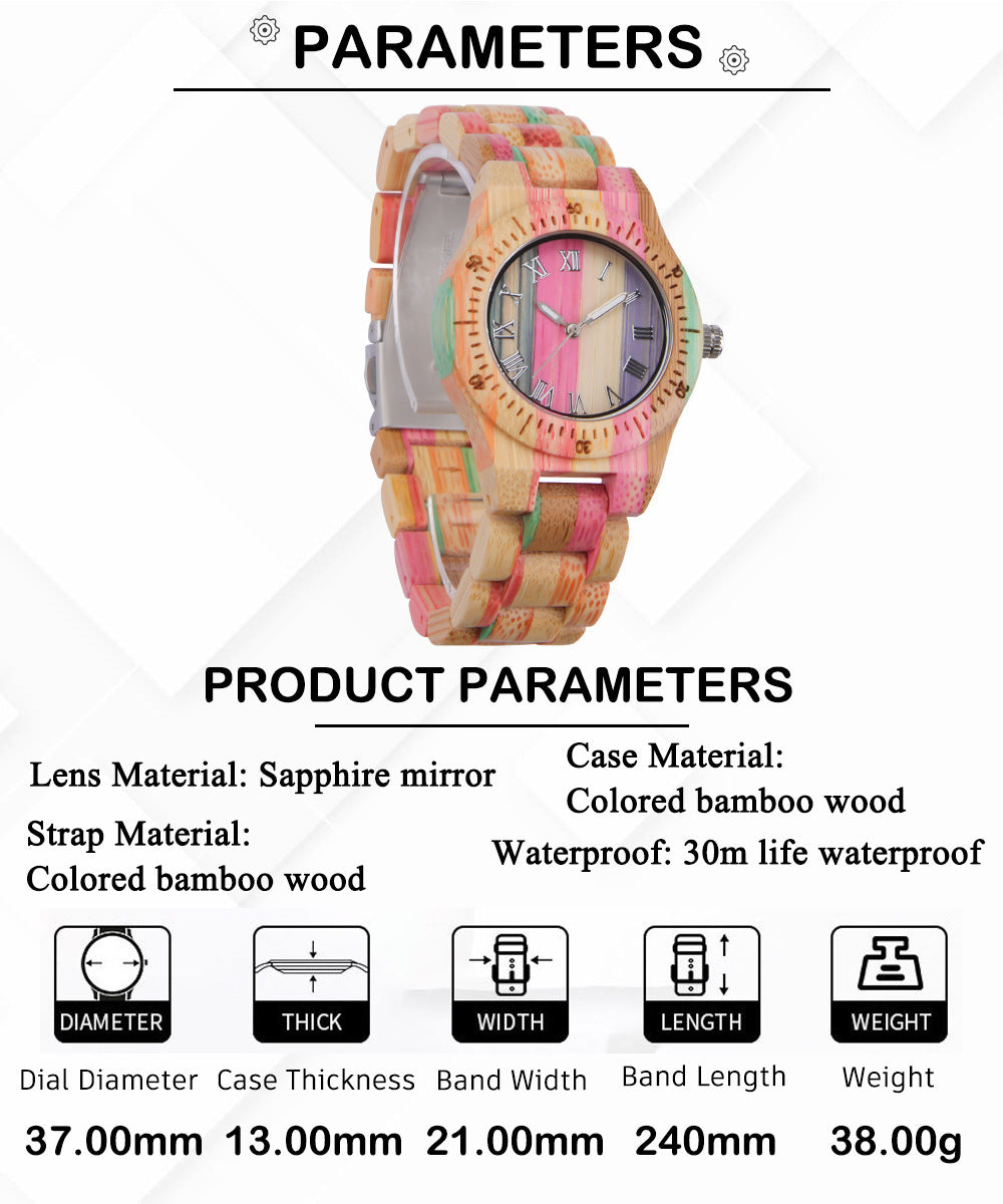 Reloj de cuarzo de madera informal de moda de bambú colorido para mujer