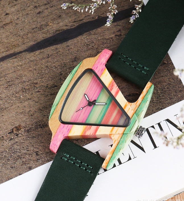 New wooden quartz watch Fashion color digital digital character triangle dial