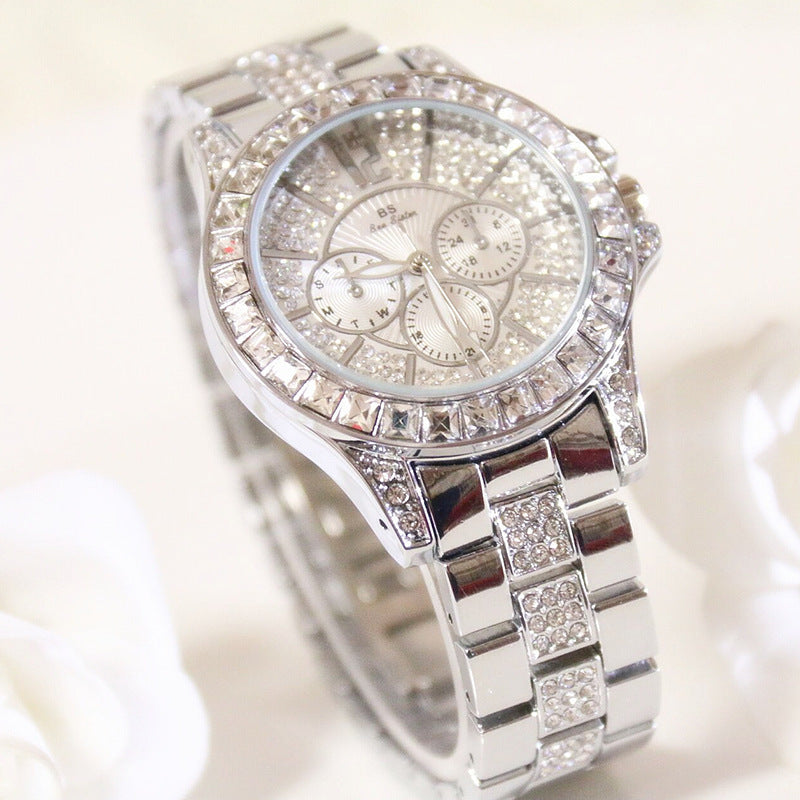 Ladies Fashion Luxury Three Eyes Full Rhinestone Crystal Large Dial Quartz