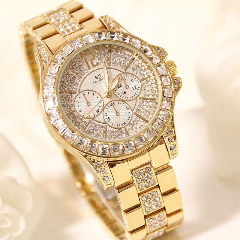 Ladies Fashion Luxury Three Eyes Full Rhinestone Crystal Large Dial Quartz