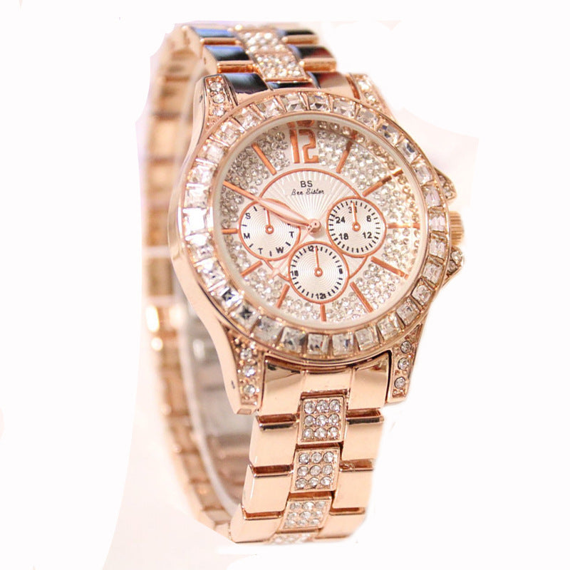 Ladies Fashion Luxury Three Eyes Full Rhinestone Crystal Large Dial Quartz