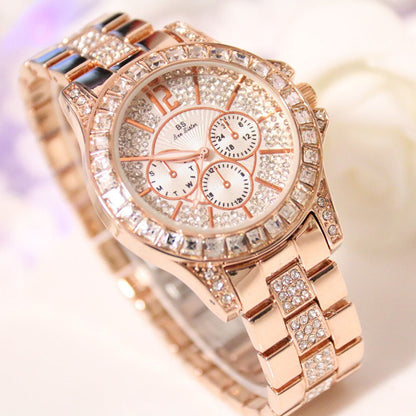 Ladies Fashion Luxury Three Eyes Full Rhinestone Crystal Large Dial Quartz