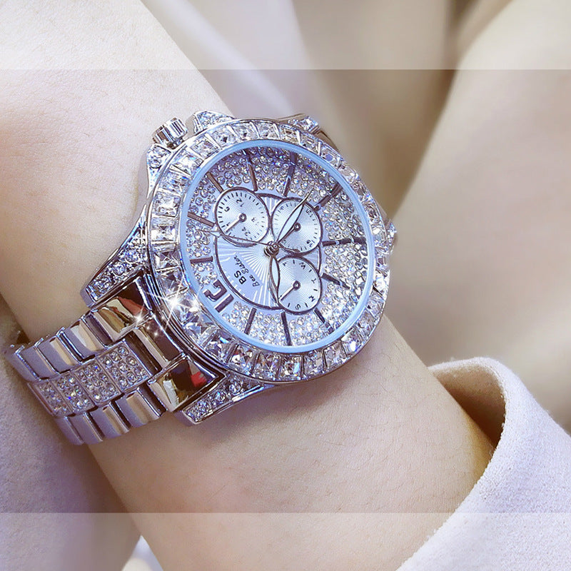 Ladies Fashion Luxury Three Eyes Full Rhinestone Crystal Large Dial Quartz