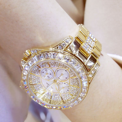 Ladies Fashion Luxury Three Eyes Full Rhinestone Crystal Large Dial Quartz