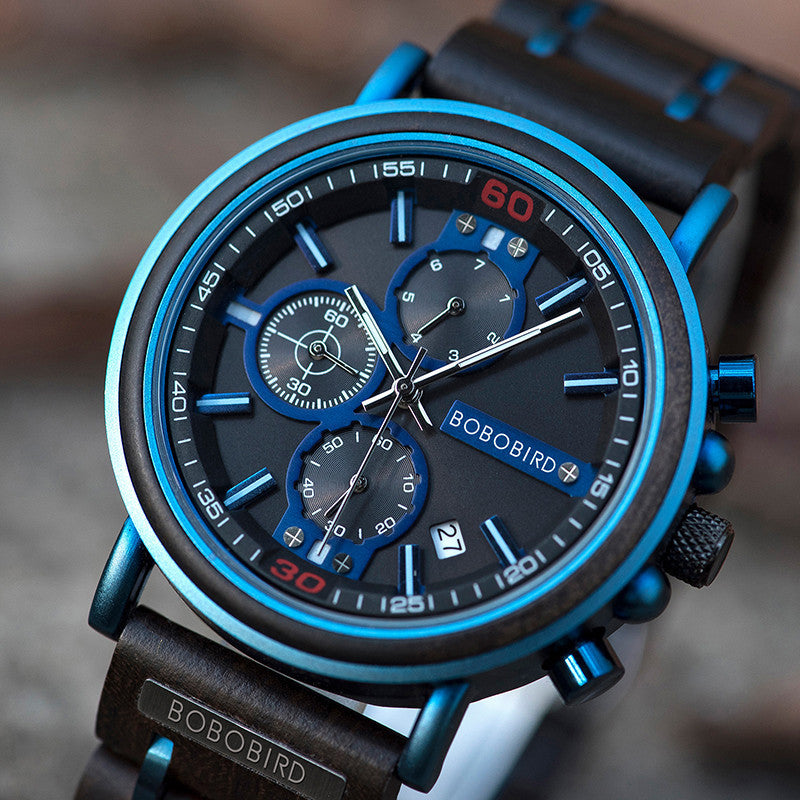 Blue Wooden Chronograph Watch